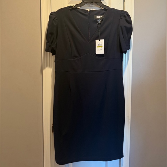 Dkny Dresses & Skirts - NWT DKNY Midnight/Deep Navy Midi V-Neck Sheath Dress with Puff Sleeves